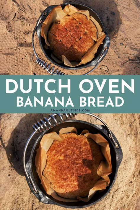 When it comes to dutch oven recipes for camping, this banana bread recipe is one of the easiest! There’s almost nothing better than the smell and taste of fresh banana bread, and this simple camping recipe definitely delivers both. Grab the recipe and start cooking with the dutch oven on your next camping trip! #bananabread #camping Dutch Oven Stove Top Bread Recipes, Mini Dutch Oven Recipes, Dutch Oven Dessert Recipes, Camping Dutch Oven, Oven Desserts, Glamping Recipes, Dutch Oven Desserts, Creuset Recipes, Camp Meals