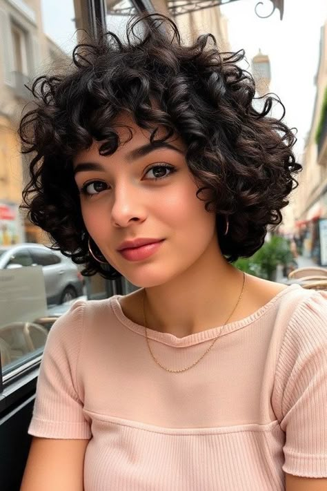 Sophisticated Dark Curls with Short Bangs, curly haircut with fringe, curly hairstyle with bangs Waterfall Curls, Haircut With Fringe, Dark Curls, Blonde Curly Bob, Curly Hair Fringe, Bangs Cut, Elegant Short Hair, Short Curly Cuts, Hairstyle With Bangs