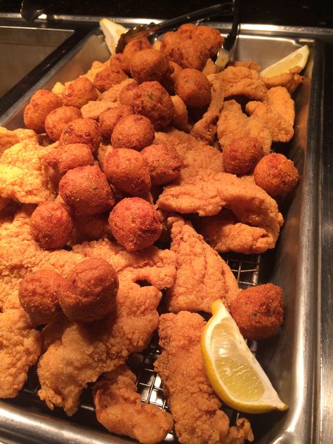 Fried Fish, Hush Puppies and much more at Oliver's - Downtown Mobiles Best Buffet. Admiral Semmes Hotel Fish Fry Wedding Reception, Fish Fry Party Ideas, Fish Fry Party, Best Buffet, Sunday Dinners, Fishing Wedding, Soul Food Dinner, Fish Fry, Wedding Buffet