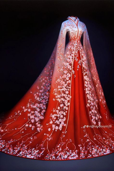 Fantasy Dress Queens, Hanfu Red, Kimono Wedding Dress, Red Chinese Wedding Dress, Princess Dress Red, Princess Dress Prom, Chinese Gown, Chinese Princess Dress, Chinese Wedding Dress Traditional