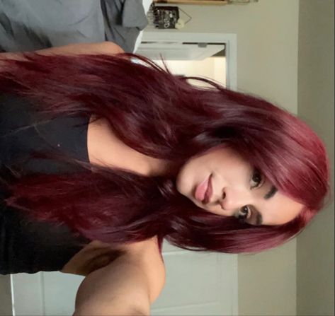 Dark Cherry Red Hair Medium Length, Dark Garnet Red Hair, Bright Dark Red Hair, Red Hair Black Eyebrows, Garnet Red Hair, Red Box Dye, Berry Red Hair, Maroon Red Hair, Dark Wine Red Hair