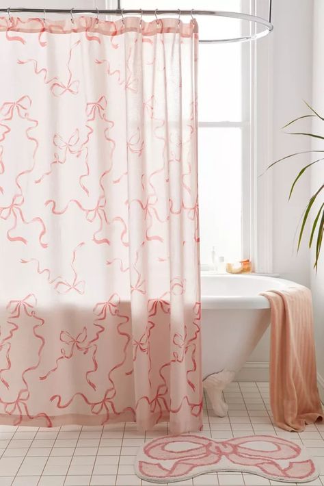 Cozy Coquette | Coquette + Femme Home Décor | Urban Outfitters Bow Bathroom Ideas, Coquette Bathroom Decor, Bow Bathroom, Girls Bathroom Shower Curtain, Coquette Bathroom, Urban Outfitters Bathroom, Coquette Home, Cozy Coquette, Cute Shower Curtain