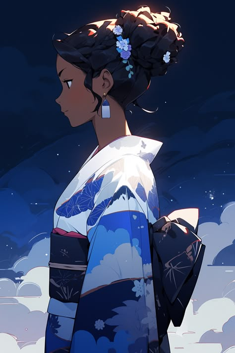 elegant dark skinned black woman in blue kimono with clouds Elegant Pose Reference, Dark Skinned Anime, People Anime, Elegant Pose, Poc Anime, Movie Inspiration, Artist Reference, Black Afro, Illustration Anime