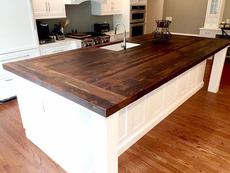 Wooden Island Kitchen, Wood Top Island Kitchen, Wood Countertops Kitchen Island, Wood Island Countertop, Kitchen Island Top, Kitchen With Big Island, Reclaimed Wood Kitchen Island, Kitchen Island Tops, Wood Countertops Kitchen