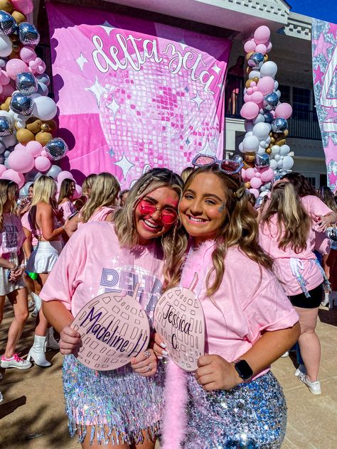 Disco Bid Day Theme Sorority, Disco Theme Bid Day, Disco Big Little Reveal, College Sorority Aesthetic, Disco Sorority Theme, Disco Bid Day Theme, Sorority Date Party Themes, Disco Bid Day, Pink Sorority