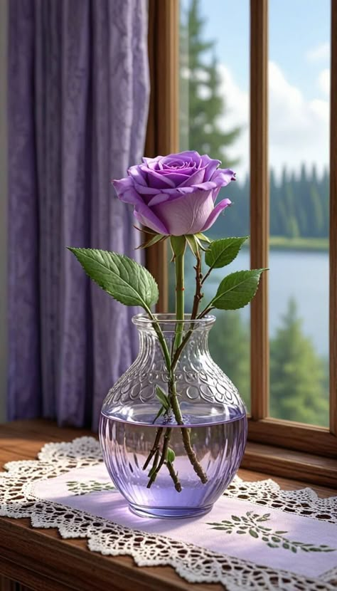 Rose In A Glass, Girly Pics, Colourful Living Room Decor, Roses Wallpaper, Flowery Wallpaper, Airbrush Art, Beautiful Flower Arrangements, Window View, Purple Rose