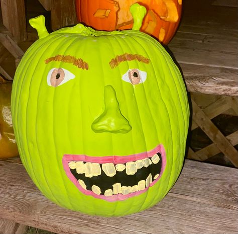 Shrek Painted Pumpkin, Shrek Pumpkin Painting, Painted Pumpkins Funny, Cowboy Pumpkin Painting, Pumping Painting Ideas, Shrek Pumpkin, Pumpkin Painting Funny, Funny Pumpkin Painting, Funny Pumpkin Painting Ideas