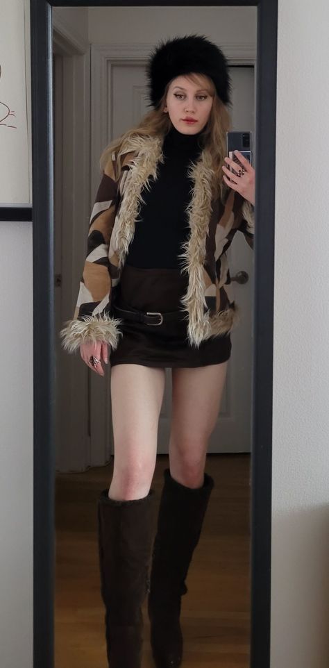 the__orphan fur hat, mini skirt outfit, suede jacket, afghan coat, penny lane coat, fur boots, brown outfits Afghan Jacket, Brown Fur Coat, Brown Outfits, Mini Skirt Outfit, Afghan Coat, Penny Lane Coat, Coat Fur, Miniskirt Outfits, Brown Outfit