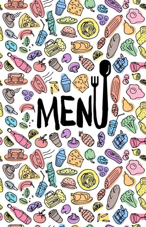 Cafe restaurant menu cover design template. Title page with hand drawn food doodle outline colored sketch pattern. Vector cooking illustration Food Doodle, Menu Cover Design, Restaurant Menu Covers, Drawn Food, Sketch Pattern, Food Doodles, Menu Cover, Doodle Coloring, Illustration Food