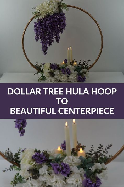 Floral Hoops Centerpiece, Hoop Stand Centerpiece, How To Make Floral Hoop Centerpiece, Hula Hoop Centerpiece Wedding, Grad Diy Decorations, Hula Hoop Table Centerpiece, Hulu Hoop Centerpieces Diy, Gold Ring Centerpiece Diy, Diy Floral Hoop Centerpiece