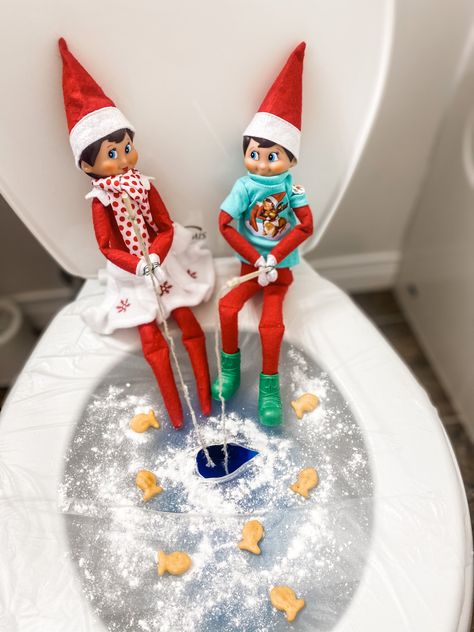 Elf Gone Fishing, Elf On The Shelf Ideas Fishing, Elf On Shelf Fishing, Elf On The Shelf Fishing, Fishing In The Dark, Elf Fishing, Elf Ideas Easy, Frozen Pond, Elf Activities