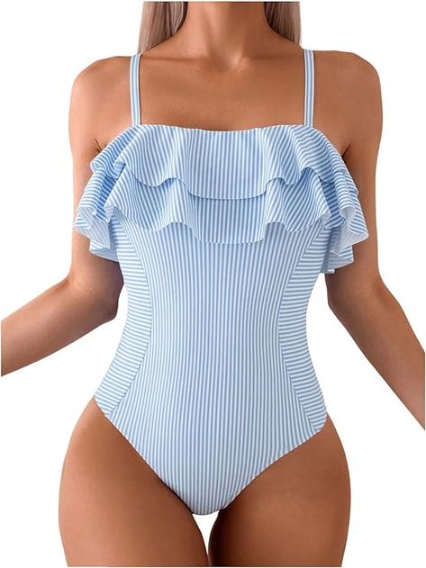 Amazon.com: Floerns Women's One Piece Swimsuit Ruffle Trim Striped Print Monokini Swimwear Blue and White Large : Clothing, Shoes & Jewelry Swimsuit One Piece Aesthetic, One Piece Aesthetic, Swimsuits Photoshoot, Cruise Clothes, Ruffle Swimsuit, Fashion Queen, Cute Bathing Suits, Just Keep Swimming, Cruise Outfits