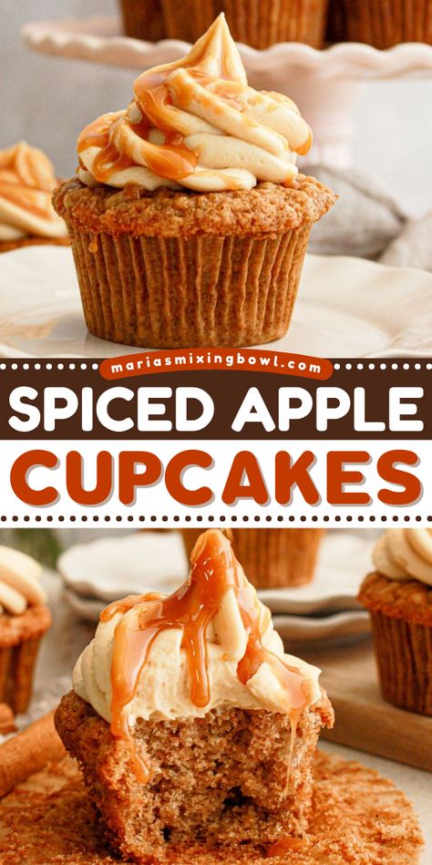 These Spiced Apple Cupcakes are the perfect marriage of apple pie and delicious cupcakes. Moist, tender cupcakes filled with mashed homemade apple pie filling are topped with a rich, creamy caramel buttercream frosting for the most decadent fall flavor you’ve ever tasted. Simple Apple Recipes, Apple Cupcakes Recipe, Recipes For Apple Pie, Mabon Recipes, Easy Fall Baking Recipes, Easy Fall Baking, Spiced Apple Pie, Apple Spice Cupcakes, Fall Fest Ideas