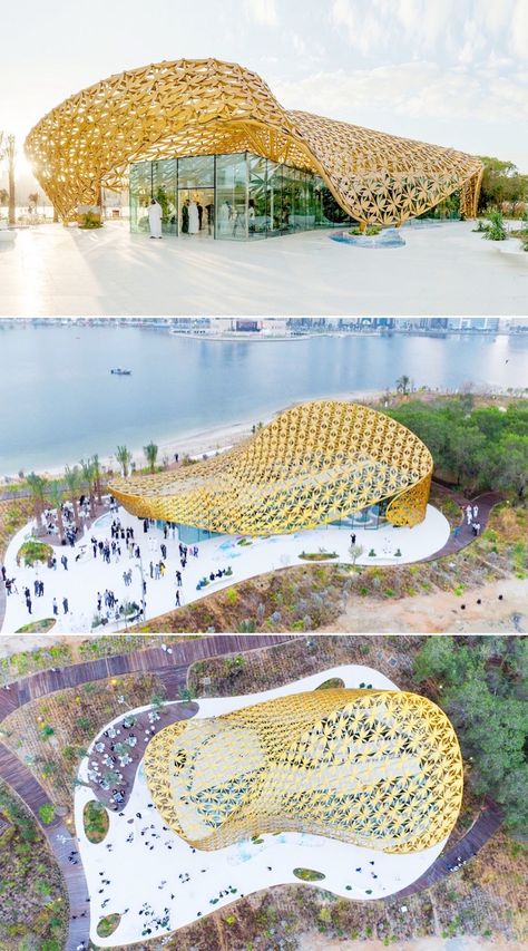 The Butterfly Pavilion is an ornamental structure—featuring a golden roof made up of 4,000 aluminum leaves—that houses more than 500 butterfly species in its unique biosphere park. Roof Pool, Wood Pavilion, Water Pavilion, Chinese Pavilion, Wooden Pavilion, Butterfly Pavilion, Barcelona Pavilion, Architecture Cool, Pavilion Plans