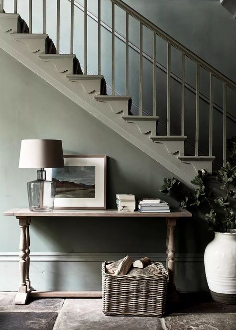 Green Staircase, Sage Walls, Neptune Home, Small Utility Room, Grey Wall Color, Award Winning Kitchen, Console Table Styling, Hallway Flooring, Foyer Decorating