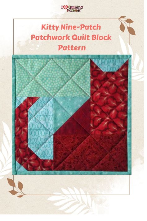 Kitty Nine-Patch Patchwork Quilt Block Pattern Paper Pieced Cat Patterns Free, Peeping Cats Quilt, Free Cat Quilt Block Pattern, Cat Quilt Blocks Free Pattern, Cat Quilt Blocks, Cat Quilt Patterns Free, Cat Quilt Block Pattern Free, Cat Quilts Ideas, Cat Template Free Printable