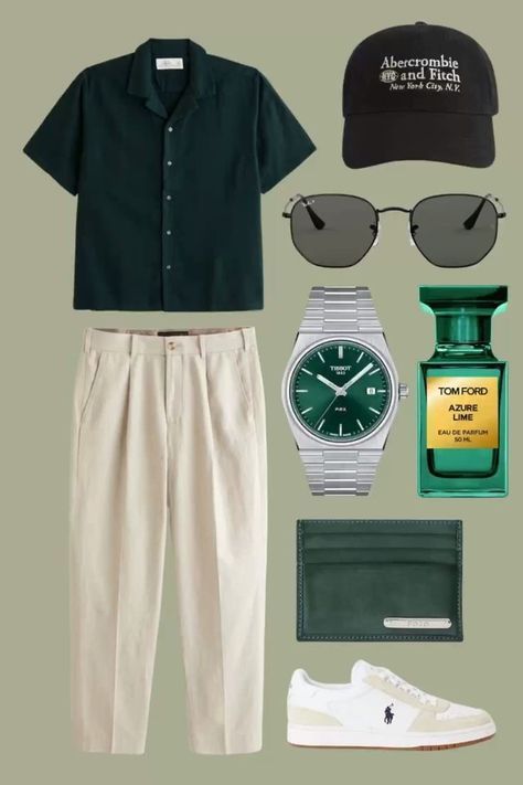 Old Money Green Outfit Men, Old Money Outfits Polo Shirt, Green Polo Outfit Men, Lacoste Polo Outfit, Green Polo Shirt Outfit Men, Mens Old Money, Outfit Idea For Summer, Lacoste Watch, Mens Abercrombie