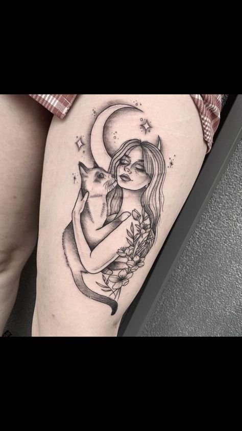 Woman And Cat Tattoo, Cat Goddess Tattoo, Girl And Cat Tattoo, Maiden Mother Crone Tattoo, Goddess Tattoo, Tattoo Cat, Piercing Tattoo, Tattoo Inspo, Cat Tattoo