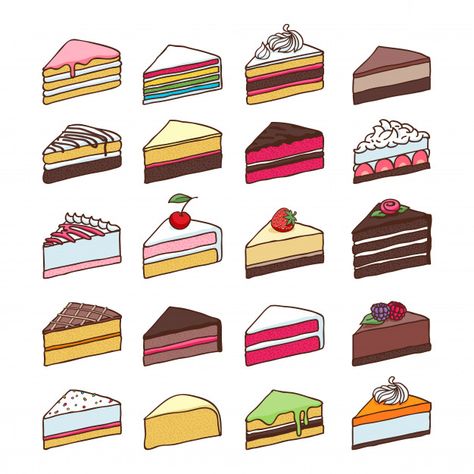 Cakes Slices, Crea Fimo, Cake Drawing, 귀여운 음식 그림, Cake Illustration, Cute Food Drawings, Cute Food Art, Hand Drawn Vector Illustrations, Easy Doodles Drawings