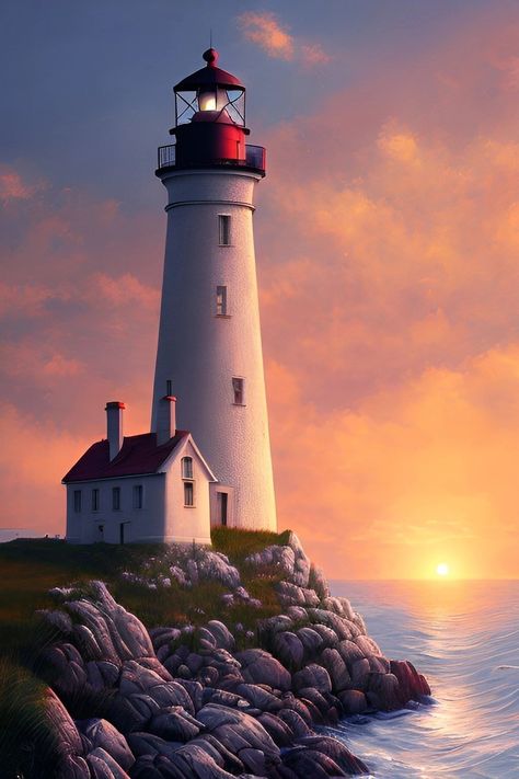 Lighthouse At Sunset, Lighthouse With House, Lighthouse Aesthetic, Lighthouse Drawing, Lighthouse Crafts, Lighthouse Photography, Famous Lighthouses, Ocean Waves Painting, Lighthouses Photography