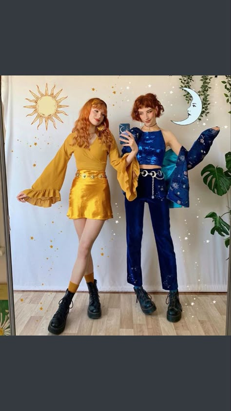 Sun And Moon Costume, Moon Costume, Star Costume, Matching Costumes, Twin Outfits, Matching Halloween, Witch Outfit, Themed Outfits, Sun And Moon