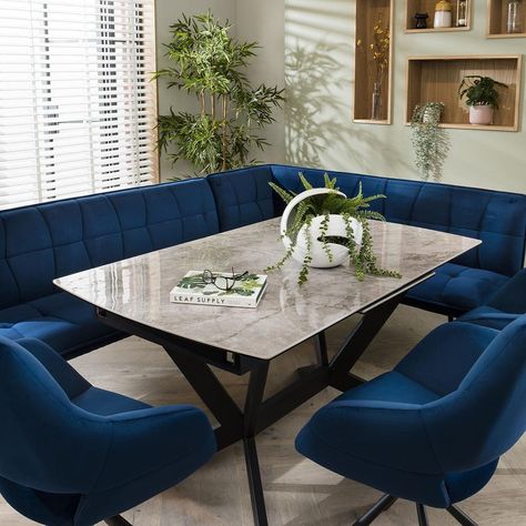 The exquisite Davina left-hand corner dining bench set, a perfect blend of style and functionality. Designed to comfortably seat up to 8 people, this versatile corner dining set creates a cosy gathering spot for family and friends. For added comfort, the corner dining bench set is covered in a premium blue velvet. The dining bench is upholstered in a premium rich blue fabric, offering a touch of sophistication to any dining space. The luxurious material not only adds elegance but also ensures durability, allowing for long-lasting enjoyment. The 150-200cm extending dining table with its auto-lift feature, extending this table has never been easier. Just pull one side, and watch as the extension effortlessly pops into place, providing you with additional space for those special gatherings. C Corner Bench Dining Table, Dining Bench With Back, Corner Dining Bench, Corner Bench Dining Set, Bench Dining, Corner Seating, Blue Velvet Fabric, Corner Dining Set, Corner Bench