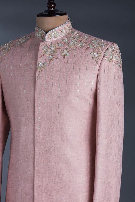 Buy Pastel Pink Sequins Embroidered Raw Silk IndoWestern Sherwani Online | Samyakk Traditional Indian Mens Clothing, Pink Sherwani, Latest Kurta Designs, Indowestern Sherwani, Indian Groom Dress, Indian Wedding Clothes For Men, Sherwani For Men Wedding, Wedding Outfits For Groom, Indian Groom Wear