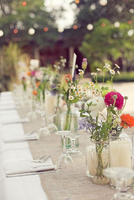 Christy + Phil Wedding | Wildflower Center by thesimplifiers, via Flickr Flowers And Candles, Deco Champetre, Dinner Party Decorations, Boho Wedding Decorations, Wildflower Wedding, Deco Floral, Wedding Arrangements, Garden Parties, Wedding Tablescapes