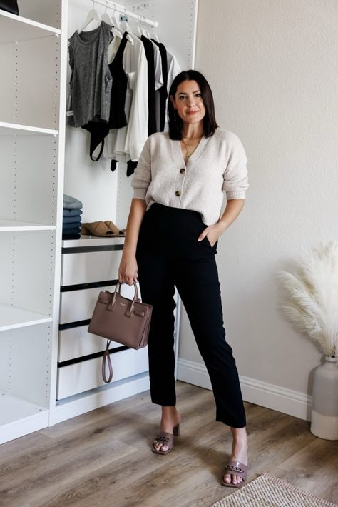 Black Carrot Pants Outfit, Fitted Ankle-length Pants For Date Night, Neutral Ankle-length Pants For Day Out, Workwear Cropped Leg Pants With 4-way Stretch, Black Ankle-length Work Pants, Black Cropped Cardigan Outfit, Carrot Pants Outfit, Cropped Pants Winter, Black Cropped Pants Outfit