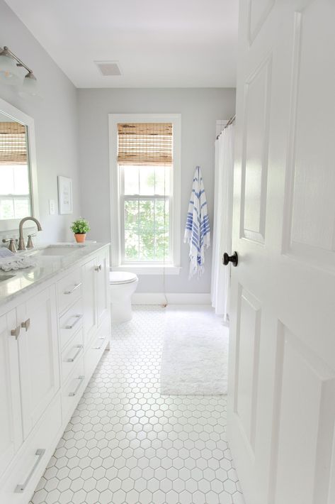 Have a bathroom remodel in your future? Here are some Considerations for a Bathroom Remodel that will stand the test of time. #bathroom #bathroomremodel #kidsbath #whitebathroom White Hexagon Tile Bathroom, Hexagon Tile Bathroom Floor, Girls Bathroom Design, Hexagon Tile Bathroom, Boy Bathroom, White Hexagon Tiles, Hexagon Tile Floor, Cleaning Tile Floors, Coastal Bathroom