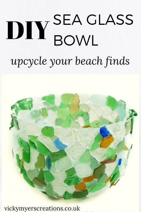 Learn how to make a sea glass bowl with tacky glue - this make a perfect craft for your lovely collected sea glass What To Do With Sea Glass Ideas, Things To Make With Sea Glass Ideas, Seaglass Cards, Sea Glass Bowl, Seaglass Projects, Seaglass Ideas, Sea Glass Jewelry Diy, Recycle Craft Ideas, Seaglass Jewellery