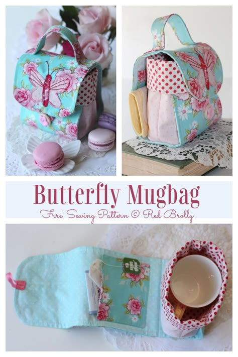 DIY Fabric Butterfly Mug Bag Free Sewing Pattern | Fabric Art DIY Mug Bag Tutorial Free Pattern, Free Small Sewing Patterns, Mug Caddy Free Pattern, Free Sewing Patterns For Gifts, Small Diy Sewing Projects, Sewing Pattern Gift Ideas, Tea Sewing Projects, Sewing Accessories Patterns, Mug Bag Free Pattern