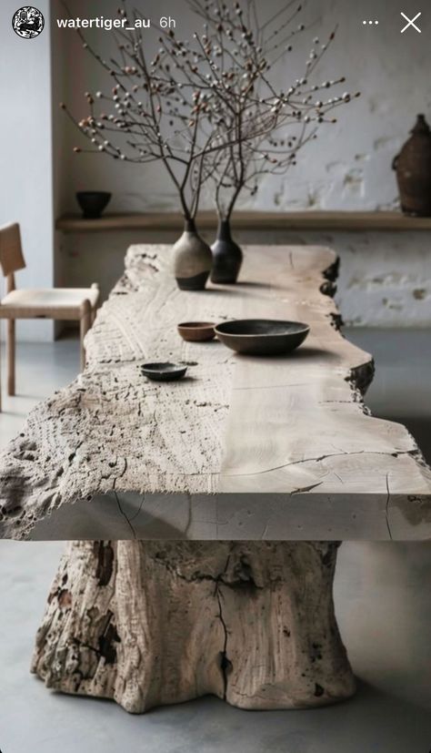 Raw Furniture Wood, Wood Tables Rustic, Wabi Sabi Dining Table, Wabi Sabi Dining Room, Wabi Sabi Wall Decor, Wabi Sabi Dining, Wabi Sabi Table, Rustic Wood Table, Wabi Sabi Interior Design