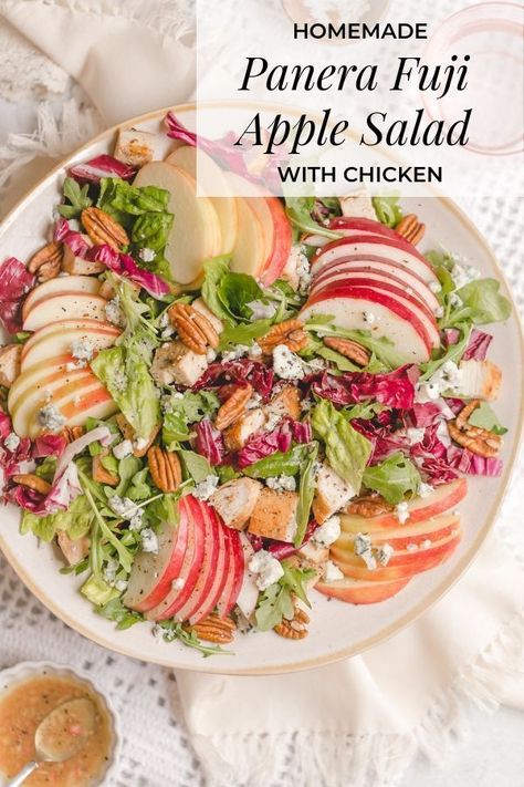 Homemade Panera Fuji Apple Salad. Delicious Fuji Apple and Chicken salad perfect for lunch or dinner. If you like the Panera Fuji Apple Salad you will love this. Apple Salad Recipe Healthy, Fuji Apple Recipes, Panera Fuji Apple Salad, Fuji Apple Salad, Dried Apple Chips, Chicken Breast Salad, Balanced Recipes, Eating At Home, Great Salads