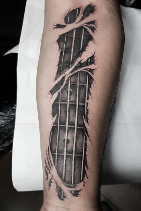 Custom bass guitar 😊 | By Vanesa Charmani | Done at Crescent Tattoo Shop | Jul 27th 2019 | 1112145 Guitar Arm Tattoo, Western Guitar Tattoo, Guitar Strings Tattoo, Electric Guitar Tattoo For Men, Guitar Sleeve Tattoo, Cool Guitar Tattoos, Guitar Neck Tattoo, Fretboard Tattoo, Bass Guitar Tattoos