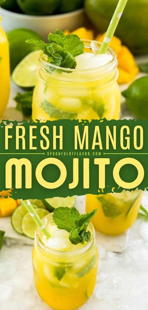 Mango Mojito, summer cocktail recipes, alcoholic drinks for summer Mexican Mojito Recipe, Virgin Mango Mojito, Mango Mojito Recipe Non Alcoholic, Mango Mint Mojito, Tropical Mojito Recipe, Mango Liquor Drinks, Bacardi Mojito Recipe, Mango Mojito Mocktail, Flavored Mojito Recipe