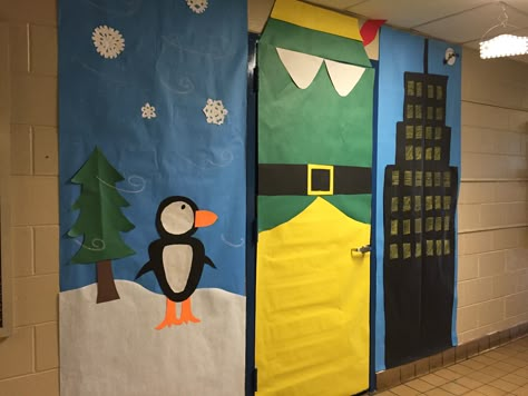 Elf Themed Christmas Door, Buddy The Elf Themed Christmas Classroom Decor, Elf Movie Door Decorating Contest, Elf Themed Door Decorations, Buddy The Elf Hallway Decorations, Buddy The Elf School Hallway, Buddy The Elf Door Decorations Classroom, Buddy The Elf Classroom Decorations, Buddy The Elf Classroom Door