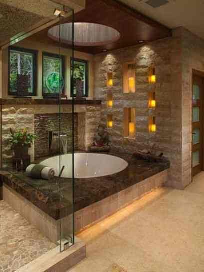 63 Sensational bathrooms with natural stone walls Japanese Bathroom Design, Asian Bathroom, Romantic Bathrooms, Asian Interior Design, Japanese Bathroom, Zen Bathroom, Asian Garden, Jacuzzi Tub, Trendy Bathroom