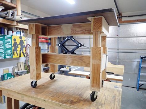 Make an Adjustable-Height Table With a Car Jack : 16 Steps (with Pictures) - Instructables Adjustable Height Work Table, Modular Workbench, Adjustable Height Workbench, Workbench Height, Hobby Table, Table Saw Workbench, Building A Workbench, Workbench Designs, Folding Workbench