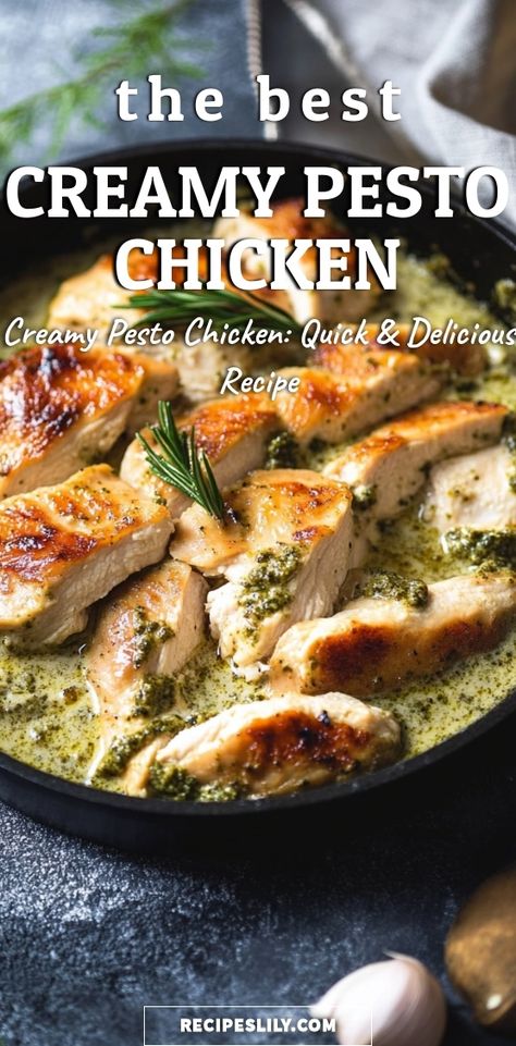 Indulge in this delicious Creamy Pesto Chicken recipe that’s perfect for busy weeknights! Juicy chicken breasts are smothered in a rich, homemade creamy pesto sauce made with fresh basil, garlic, and Parmesan. Simple to prepare and packed with flavor, this dish will elevate your dinner game and impress your family or guests. Serve it over pasta, rice, or with a fresh salad for a complete meal. Save and share this recipe for a quick, mouthwatering dinner that will have everyone asking for seconds! How To Make Pesto Chicken, Chicken Pesto Ravioli, Creamy Pesto Pork Chops, Cooking With Pesto Easy Recipes, Pesto Sauce For Chicken, Creamy Pesto Recipe, Easy Creamy Pesto Sauce, Chicken Breast Pesto Recipes, Pasta With Pesto Recipes