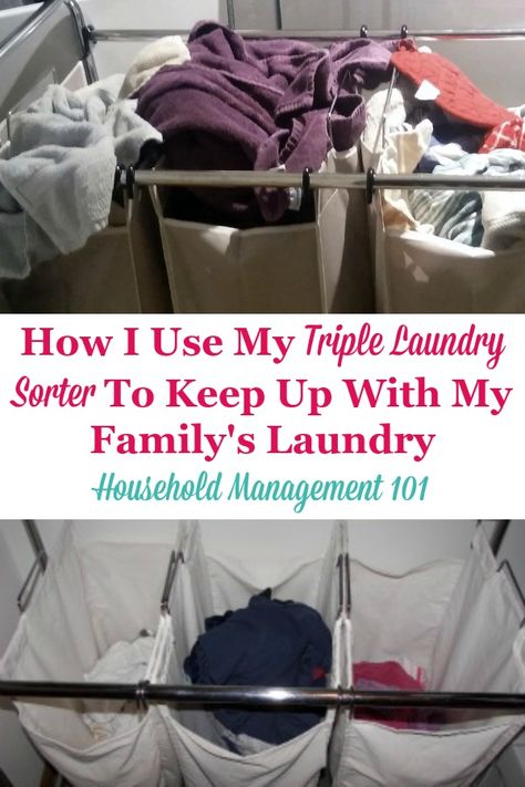 Here is how I use my triple laundry sorter to keep up with my family's laundry, and how you can do the same {on Household Management 101} #LaundrySorter #LaundryTips #LaundryRoutine Laundry Sorter, Household Management, Sweat Stains, Cleaner Recipes, Home Storage Solutions, Deep Cleaning Tips, Doing Laundry, Professional Cleaning, Laundry Hacks