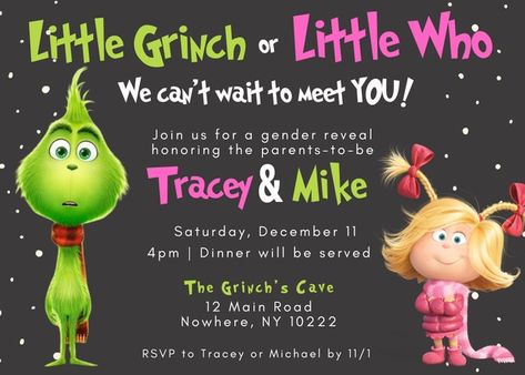 InvitesSimplified - Etsy Grinch Theme Gender Reveal Ideas, Grinch Gender Reveal Ideas, Grinch Gender Reveal, Christmas Gender Reveal Ideas, Christmas Gender Reveal, Gender Reveal Baby Shower Themes, Baby Gender Reveal Party Decorations, Gender Reveal Party Theme, Gender Reveal Themes