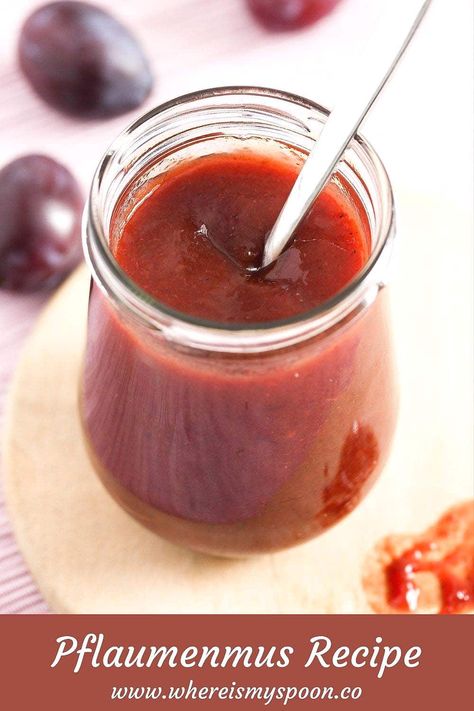 Spicy Pflaumenmus recipe or German plum butter, a traditional way of preserving plums in Germany. #whereismyspoon #pflaumenmus #pflaumenmusrecipe #plumbutter #germanplumbutter #spicyplumbutter #spicyjam Plum Butter Recipe Canning, Fruit Butter Recipes, Canning Plums, Rhubarb Butter, German Garden, Red Currant Jam, Watermelon Jam, Plum Butter, Cleansing Recipes