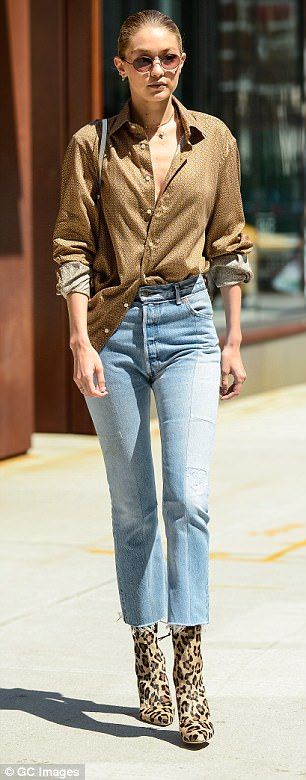 Gigi Hadid - Wear boots this summer like Bella Hadid and Hailey Baldwin | Daily Mail Online Boots Outfit Summer, Unbuttoned Shirt, Floral Outfit Summer, Gigi Hadid Street Style, Gigi Hadid Outfits, Gigi Hadid Style, Leopard Boots, Silver Boots, Print Boots