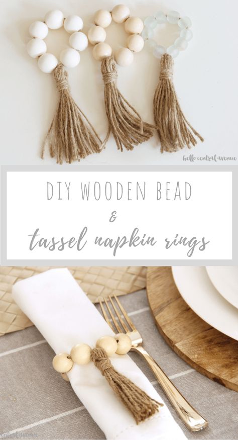 Create a timeless look for your tablescape year round by making these wooden bead napkin rings! This is an easy do it yourself project that adds style and dimension to your table top. Add the tassels to make them extra fun! #diynapkinrings #napkinrings #woodenbeadsprojects#woodenbeadcrafts #woodenbeadprojects#woodenbeadhomedecor #woodenbeadgarland #woodenbeadgarlanddiy#woodenbeadsdecor #woodenbeadsdiy #tablesettings #tablescapes Wooden Bead Projects, Napkin Ring Ideas, Bead Napkin Rings, Napkin Rings Diy, Beads Garland, Wood Beads Diy, Beaded Napkin Rings, Diy Napkins, Tafel Decor