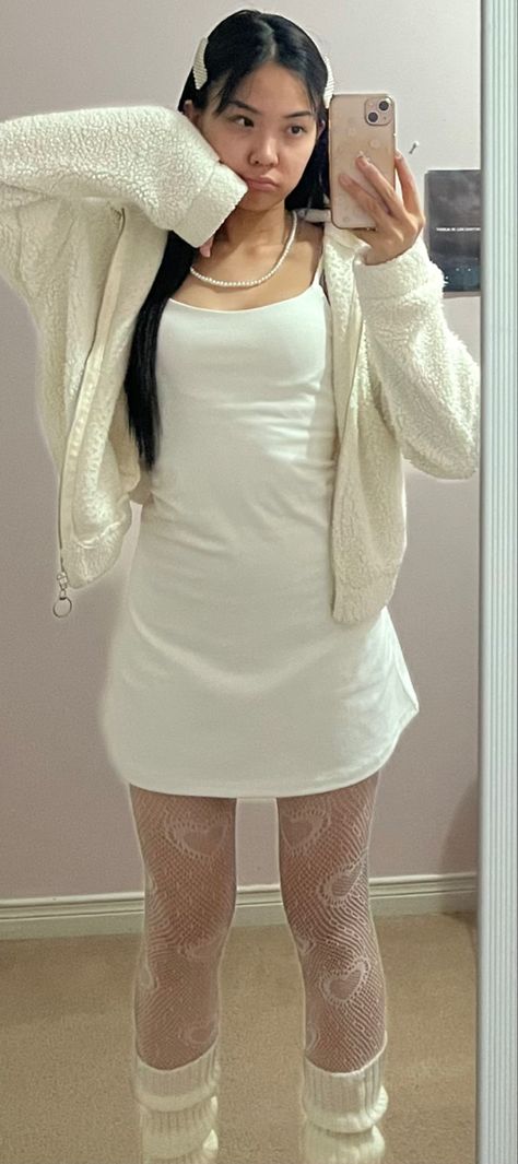 Snapchat Pfp, Short White Dress Outfit, Face Claim Asian, Stockings Outfit Vintage, White Stockings Outfit, Short Sweater Outfit, White Fluffy Sweater, Skirt With Stockings Outfit, Lace Stockings Outfit