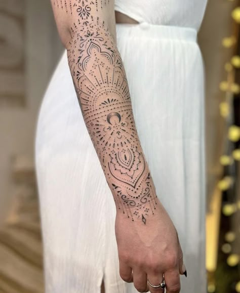 Not my photo credit @anais_chabane Ornamental Tattoo Leg Sleeve, Ornamental Tattoo Mandalas, Baddie Tatoos, Forearm Mandala Tattoo, Mandala Sternum Tattoo, Tato Mandala, Berber Tattoo, Mandala Tattoo Sleeve, Full Leg Tattoos