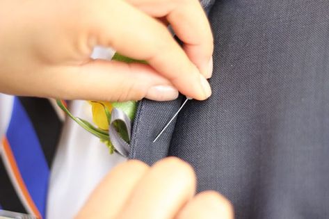 Insert the pin through the back of the lapel. Make A Boutonniere, Boutonniere Pins, Corsage Wedding, Boutonniere Wedding, Boutonniere, The Truth, Wedding Colors, The Well, A Wedding