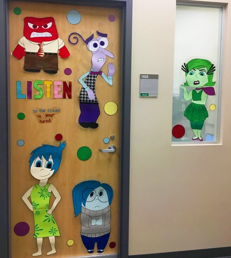 Inside out door decor for our children’s mental health clinic. Very happy with how it turned out. Inside Out 2 Door Decorations, Inside Out Daycare Door, Inside Out Classroom Door Decorations, Inside Out Hallway Decorations, Mental Health Door Ideas, Inside Out Classroom Door, Inside Out Decorations Classroom, Inside Out Theme Classroom, Inside Out Classroom Theme