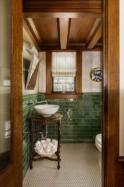 1910 Foursquare - Traditional - Powder Room - Portland - by Vicki Simon Interior Design | Houzz AU Unconventional Home Design, Full Wall Bookshelf With Fireplace, Bombay Interior Design, Martin Lawrence Bullard Kitchen, Old West Interior Design, Moody Bathroom Double Vanity, 70s Home Decor Green, French Colonial Bathroom, Traditional Vintage Decor